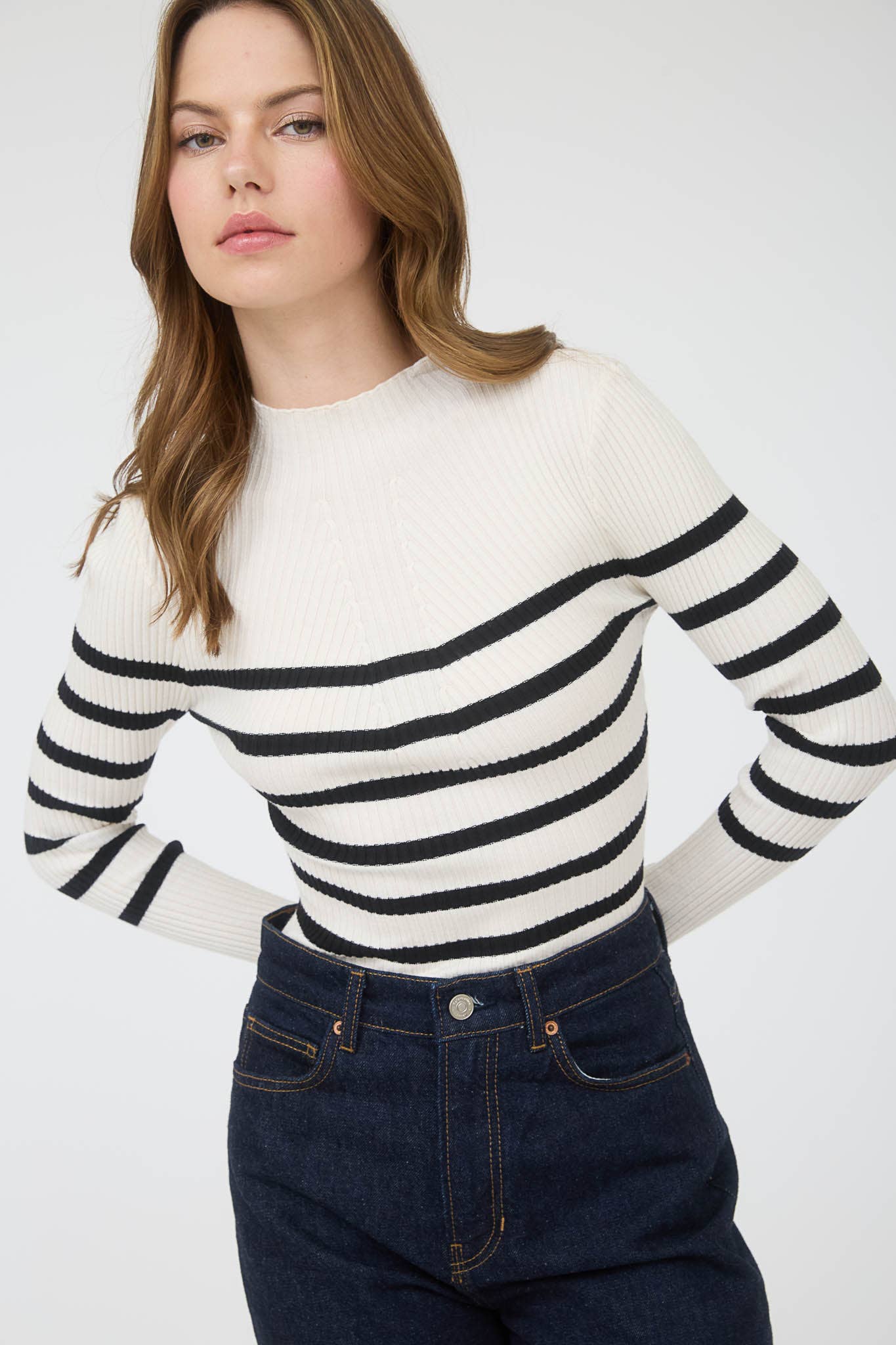 MOCK NECK STRIPE LONG SLEEVE SWEATER KNIT PULLOVER: IVORY