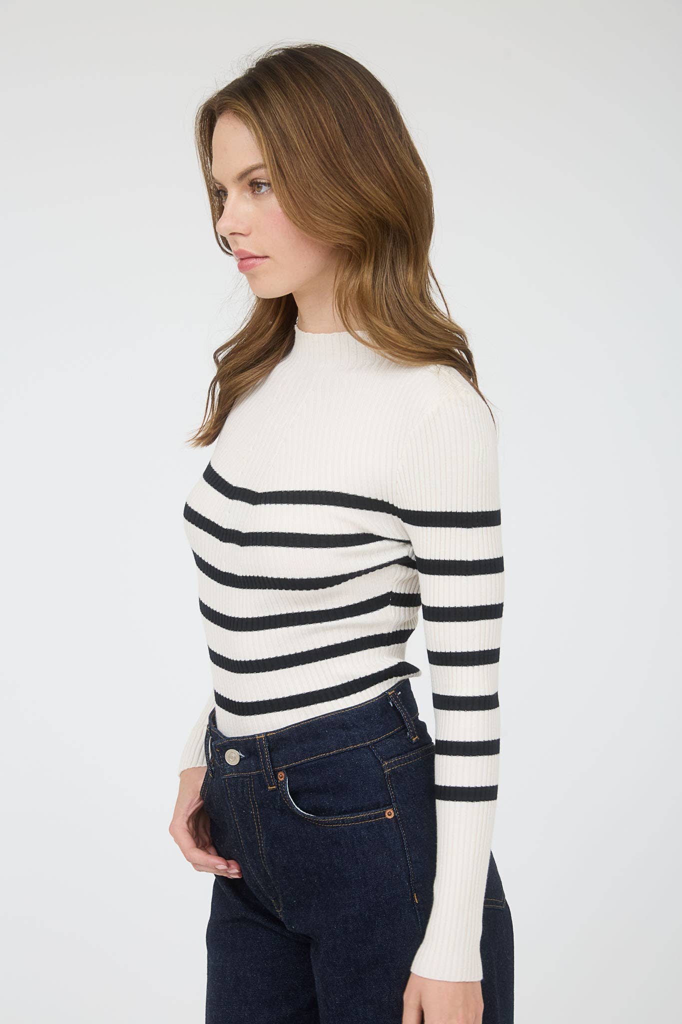 MOCK NECK STRIPE LONG SLEEVE SWEATER KNIT PULLOVER: IVORY