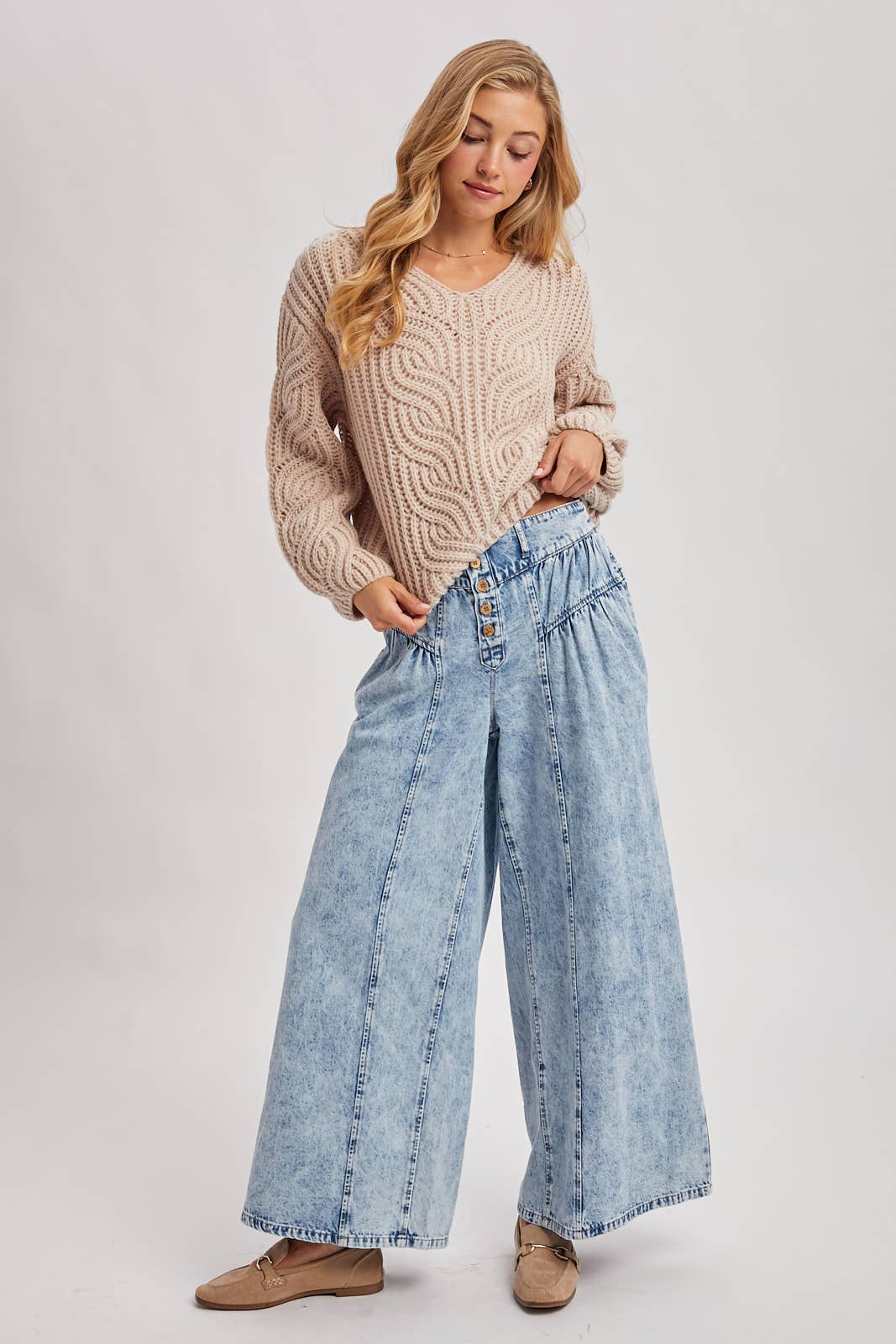 DENIM PLEATED RETRO HIGH-RISE WIDE LEG JEANS: LT.WASH