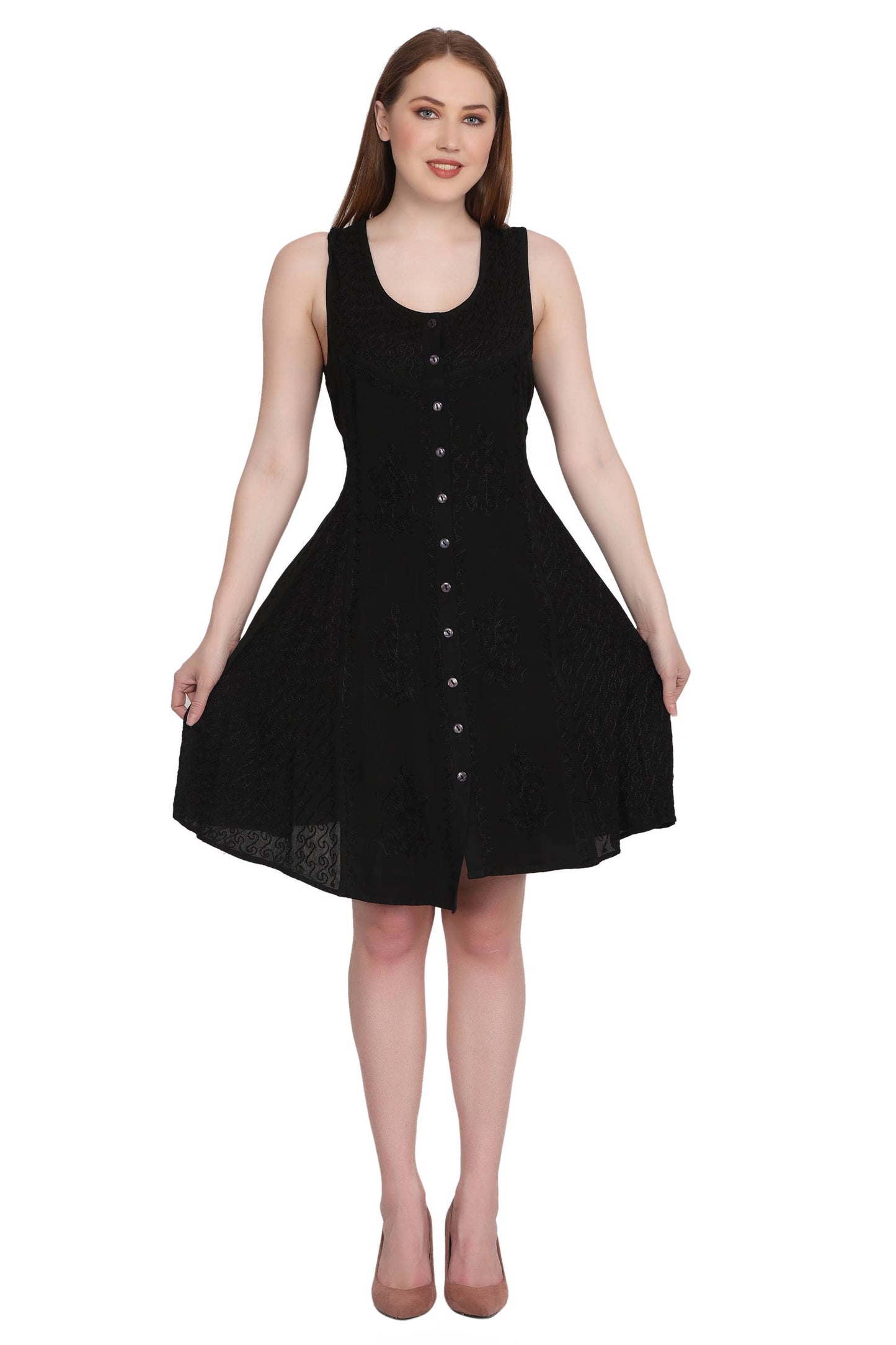 Black Button Up Embroidery Dress