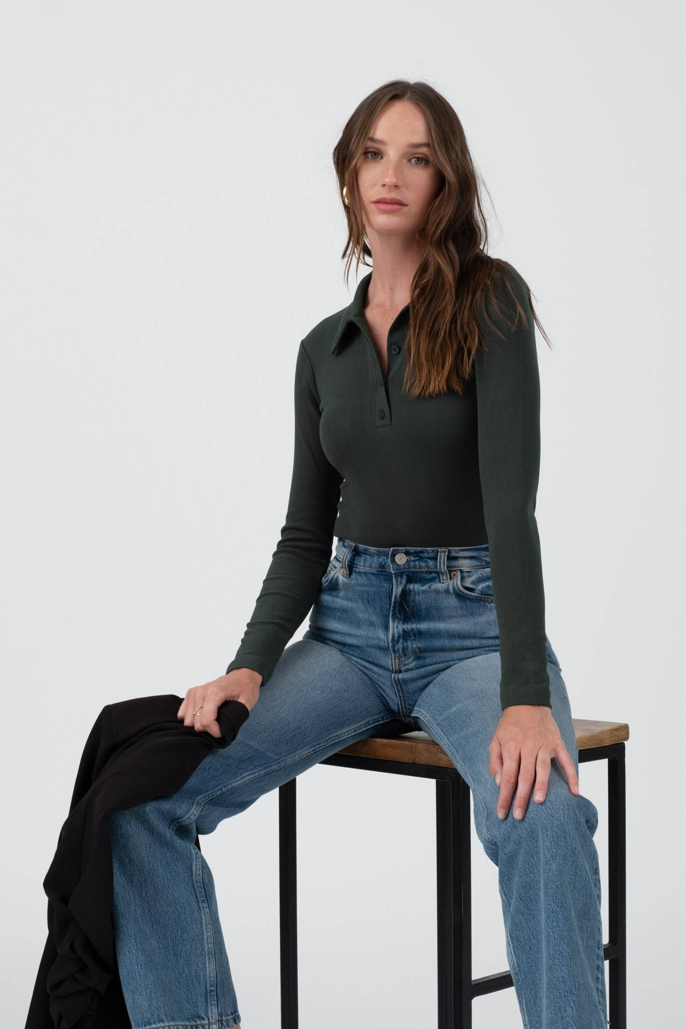 SOLID COLLARED LONG SLEEVE BODYSUIT: HUNTER GREEN