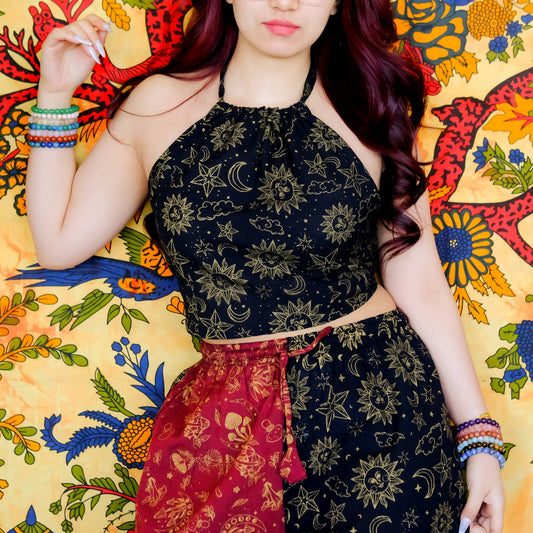 Black Celestial Cotton Halter Top