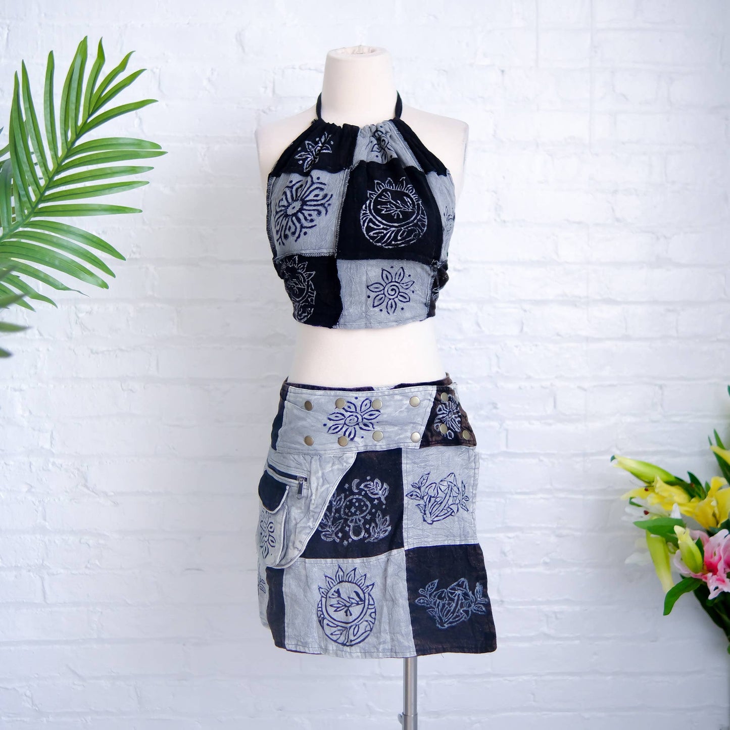 Black Patchwork Skirt with Button