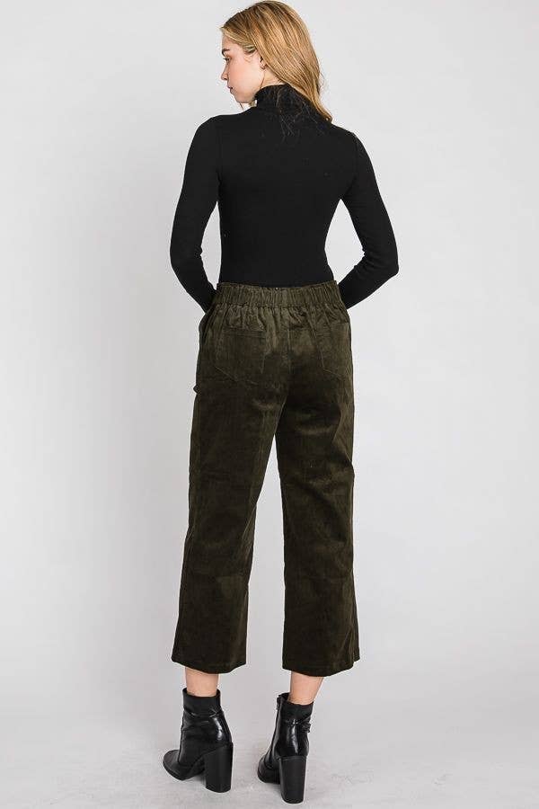 CORDUROY CROP WIDE LEG PANTS: Olive