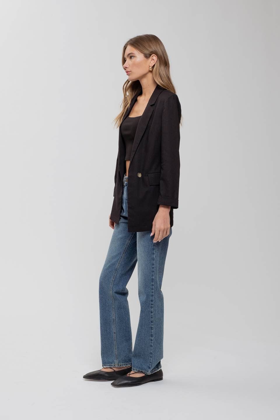 3/4 CUFF SLEEVE COLLARED BLAZER: BLACK