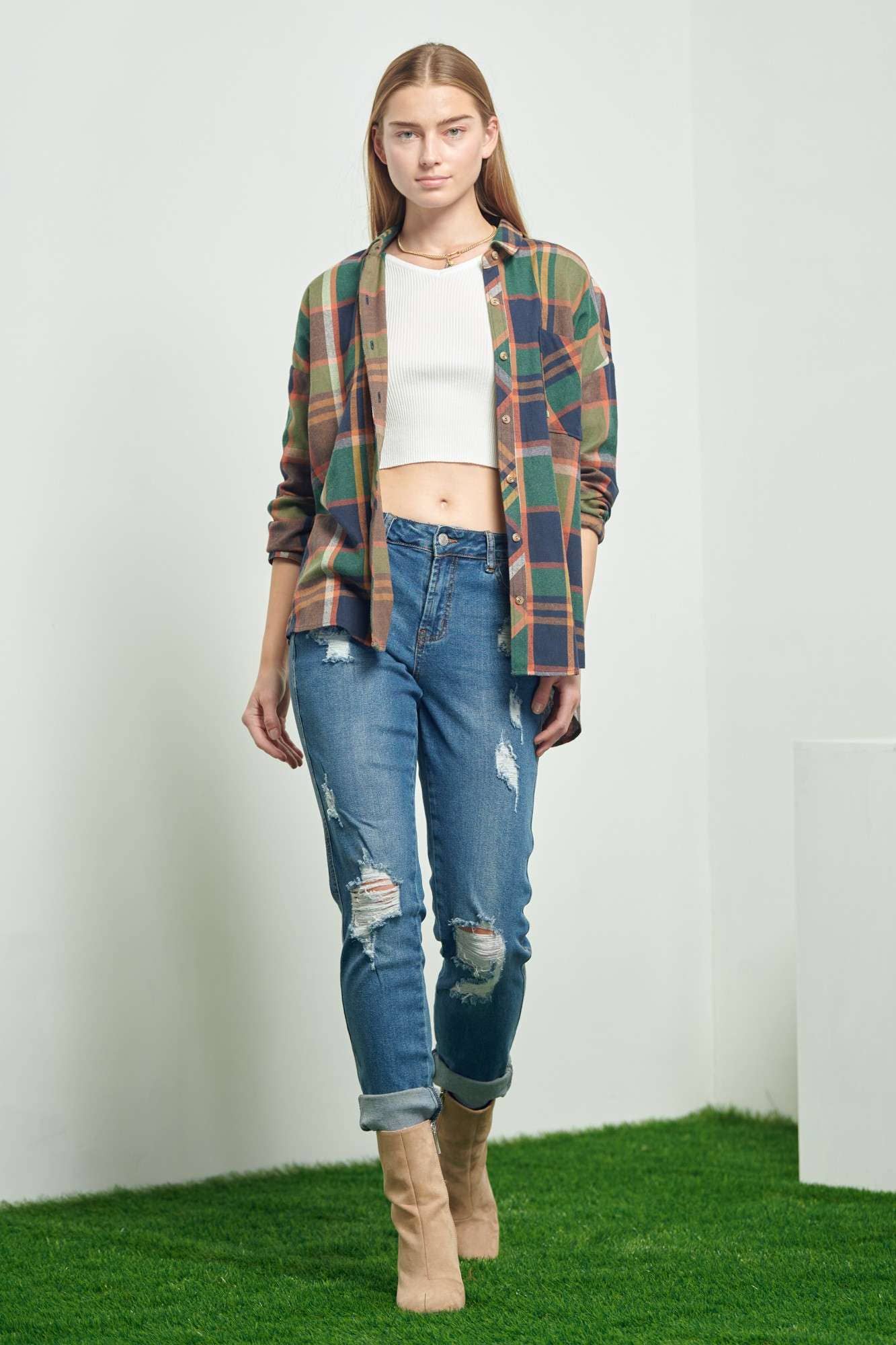 Green Elbow Patch Plaid Shirt