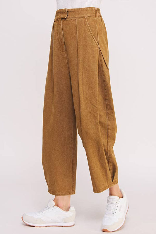 HIGH WAIST PLEATED BAGGY ANKLE LENGTH TROUSERS: MOCHA
