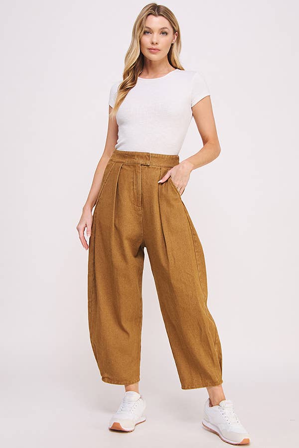 HIGH WAIST PLEATED BAGGY ANKLE LENGTH TROUSERS: MOCHA