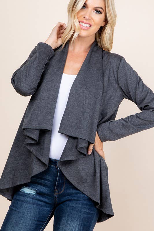 SOLID OPEN CARDIGAN WITH DRAPED AND BUTTON: CHARCOAL