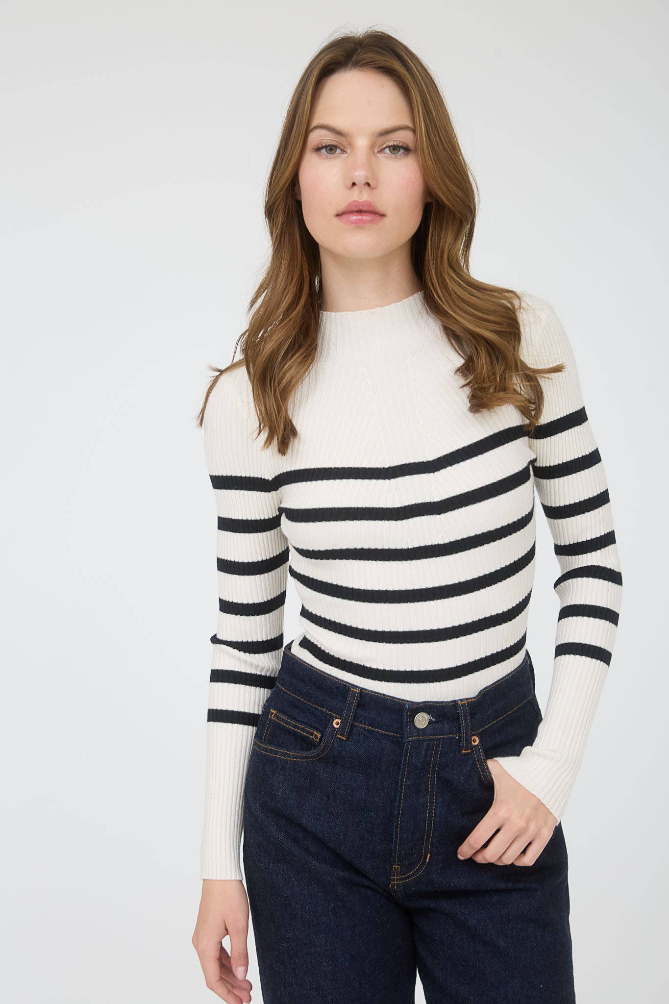 MOCK NECK STRIPE LONG SLEEVE SWEATER KNIT PULLOVER: IVORY