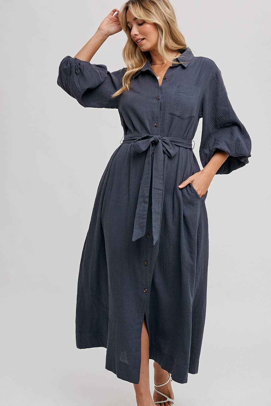 BUBBLE SLEEVE BELTED SHIRTS MIDI DRESS