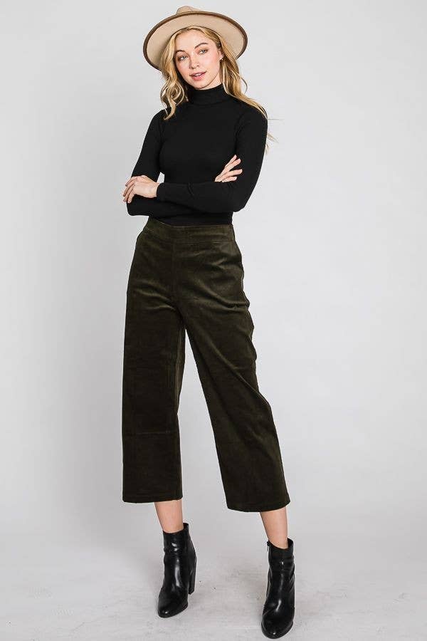 CORDUROY CROP WIDE LEG PANTS: Olive