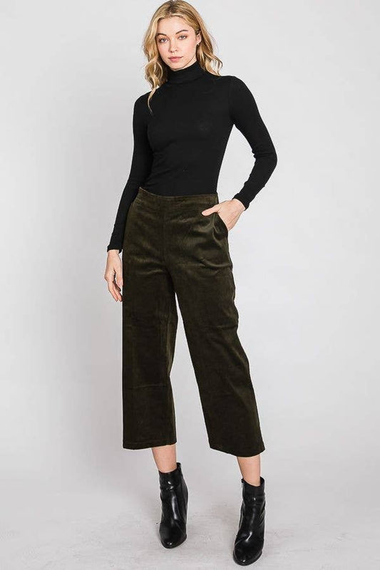 CORDUROY CROP WIDE LEG PANTS: Olive