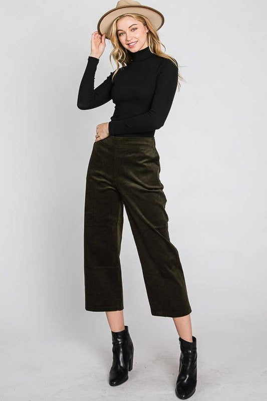 CORDUROY CROP WIDE LEG PANTS: Olive