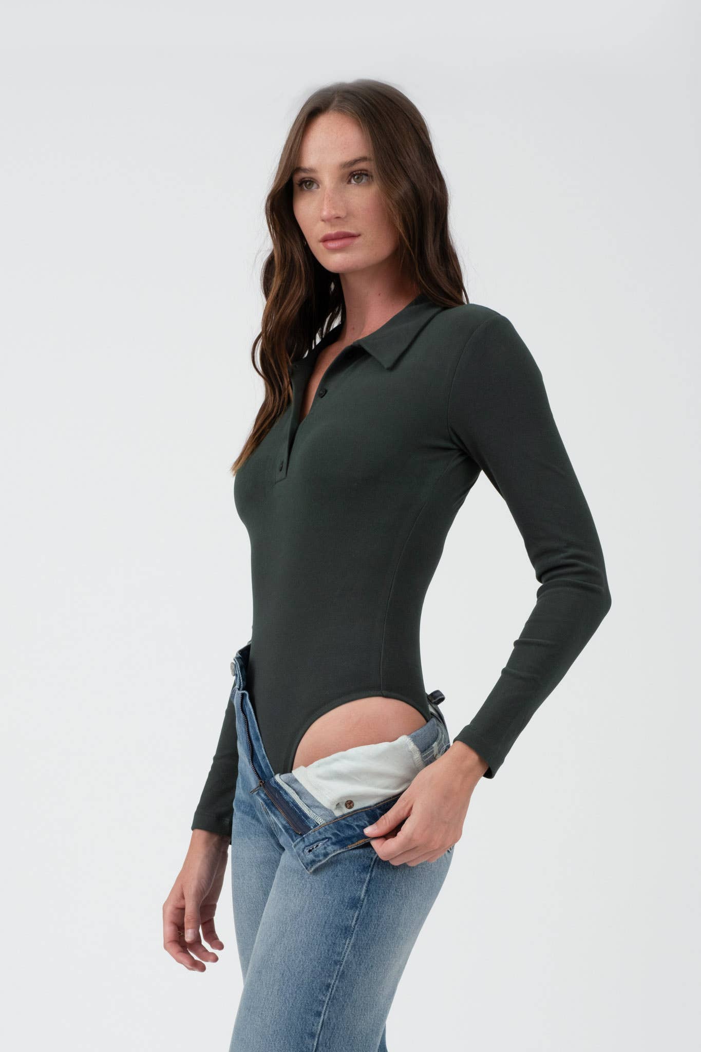 SOLID COLLARED LONG SLEEVE BODYSUIT: HUNTER GREEN
