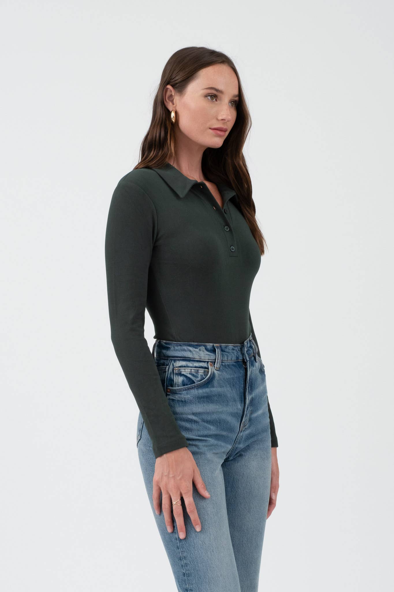 SOLID COLLARED LONG SLEEVE BODYSUIT: HUNTER GREEN
