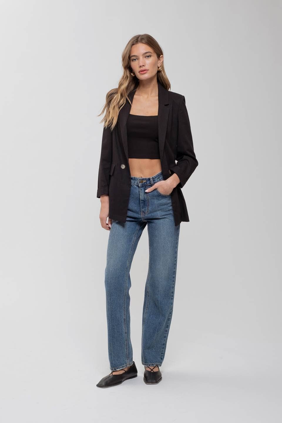 3/4 CUFF SLEEVE COLLARED BLAZER: BLACK