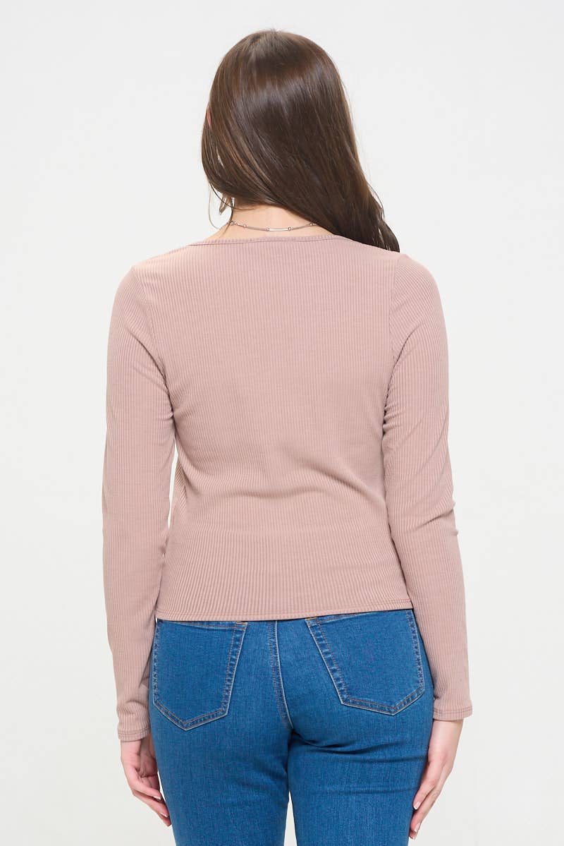 LONG SLEEVE RIBBED KNIT SQUARE NECK BASIC TOP: TAUPE