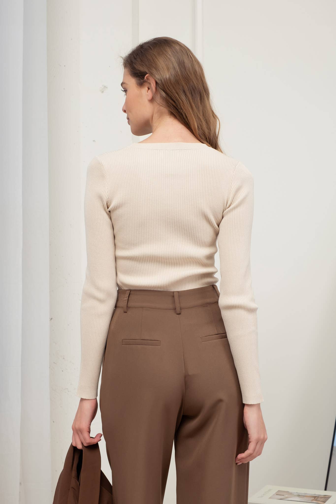 SOLID CREWNECK LONG SLEEVE SWEATER KNIT PULLOVER: NATURAL