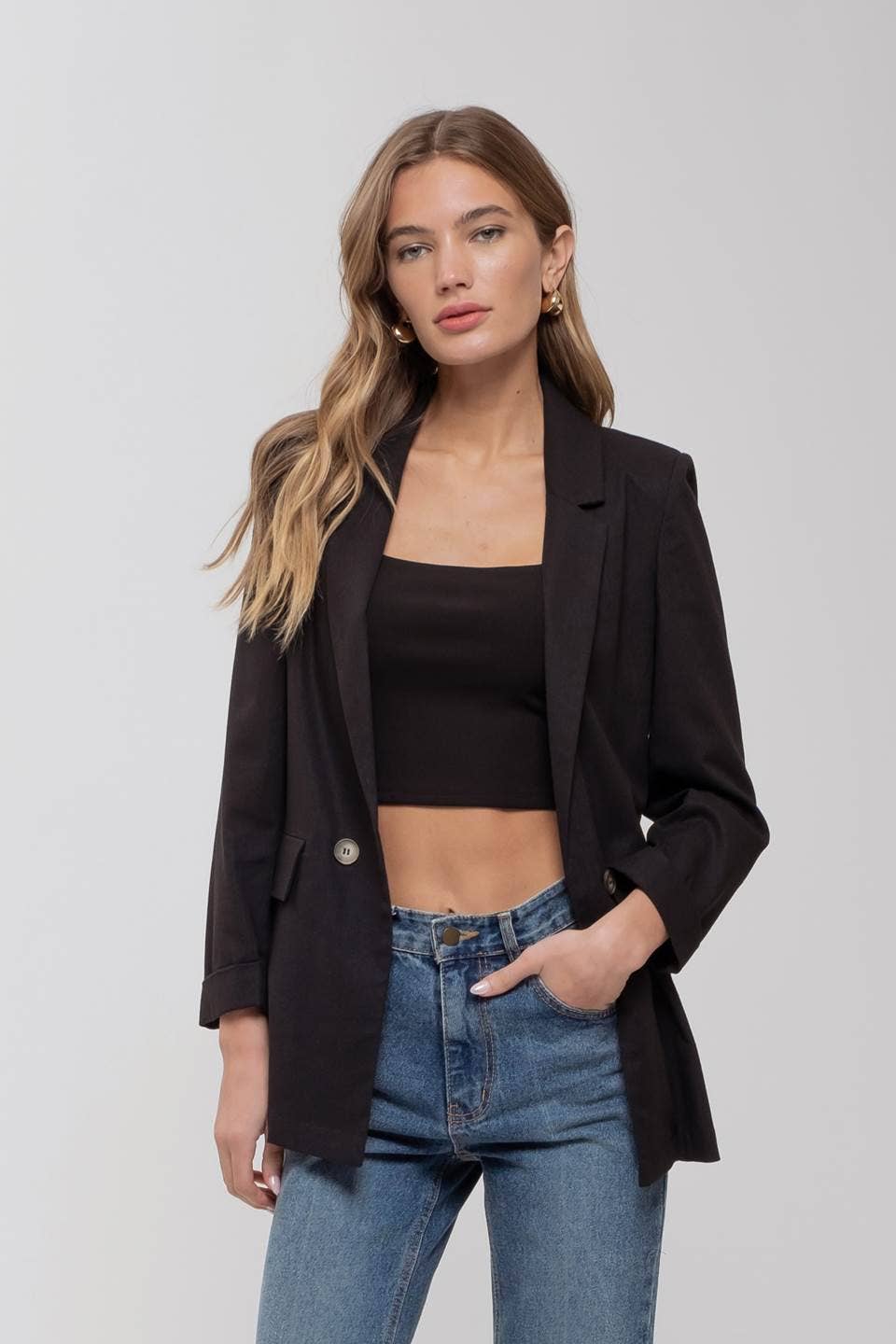 3/4 CUFF SLEEVE COLLARED BLAZER: BLACK