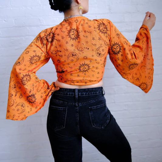 Orange Celestial Print Boho Bell Sleeve Tie Top
