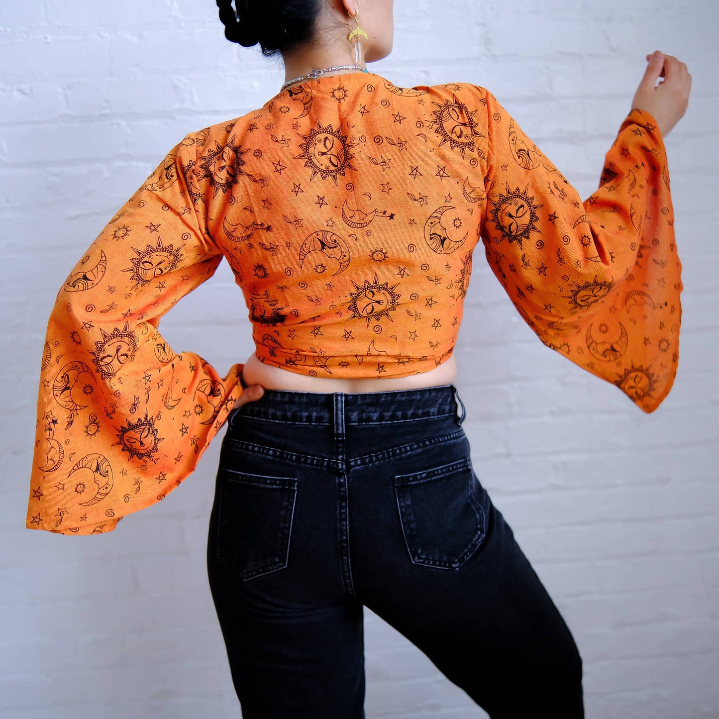 Orange Celestial Print Boho Bell Sleeve Tie Top