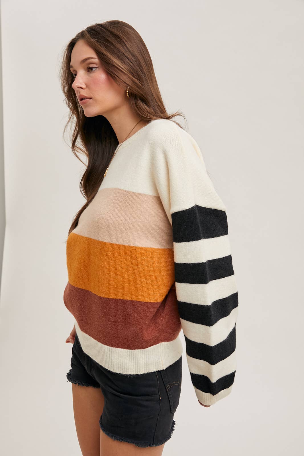 COLOR BLOCK SWEATER PULLOVER: BEIGE/HAZELNUT