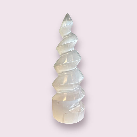 White Selenite Gemstone Carving Standing Twist Unicorn Horn