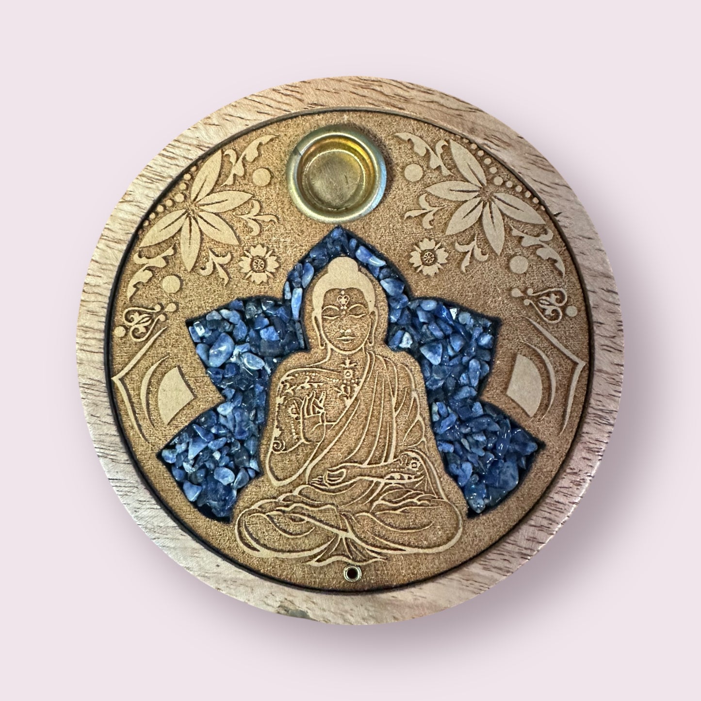 Buddha w/ Sodalite Laser Etched Wood Round Incense Holder