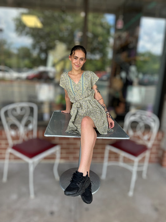 V Neck Babydoll Dress: Sage