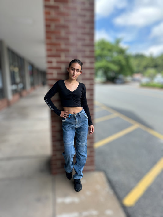 Moon Phases Cinched-Front Top: Black