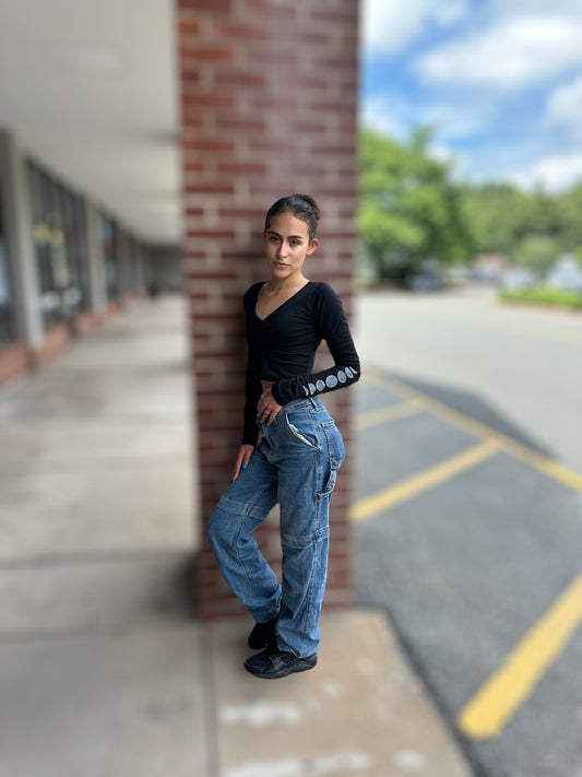 Moon Phases Cinched-Front Top: Black