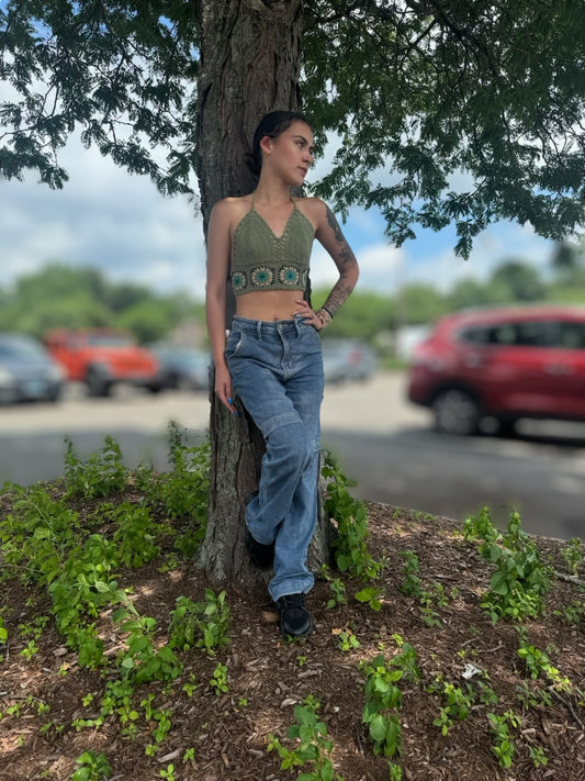 Granny Square Crochet Top: Olive