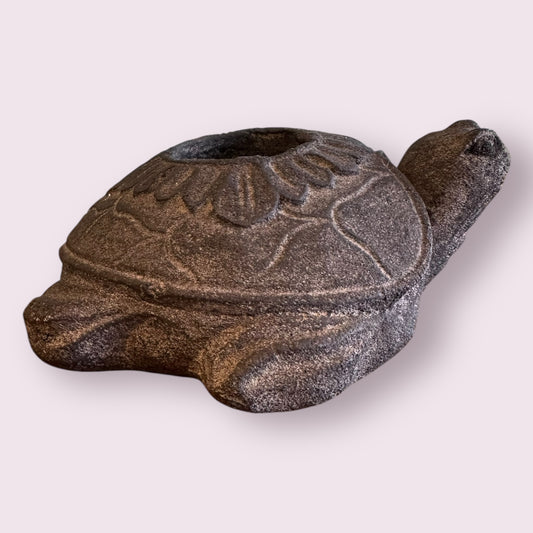 Volcanic Stone Statue T-Light Holder - Lotus Turtle Black