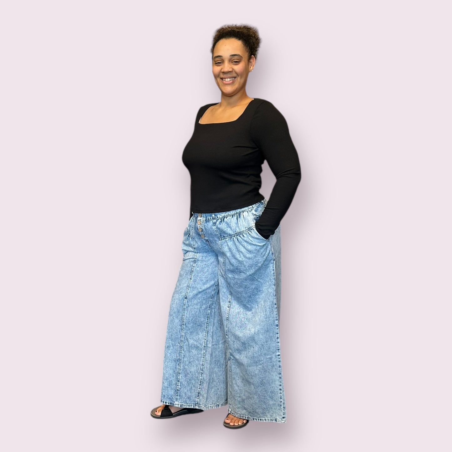 DENIM PLEATED RETRO HIGH-RISE WIDE LEG JEANS: LT.WASH