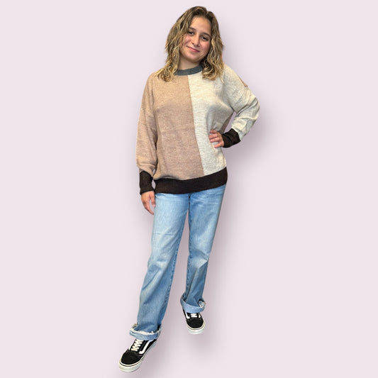 COLORBLOCK FRONT SEAM LONG SLEEVE KNIT SWEATER: KHAKI MULTI