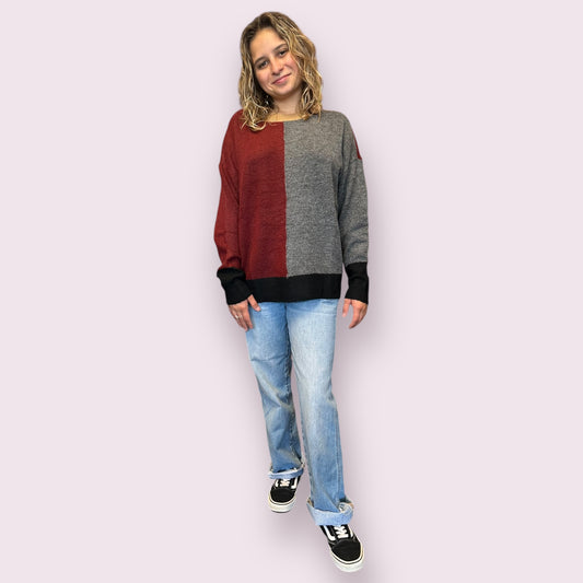 COLORBLOCK FRONT SEAM LONG SLEEVE KNIT SWEATER: RED WOOD MULTI