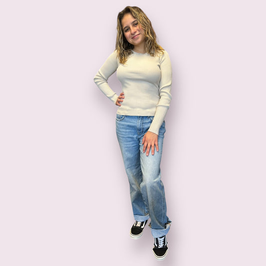 SOLID CREWNECK LONG SLEEVE SWEATER KNIT PULLOVER: NATURAL