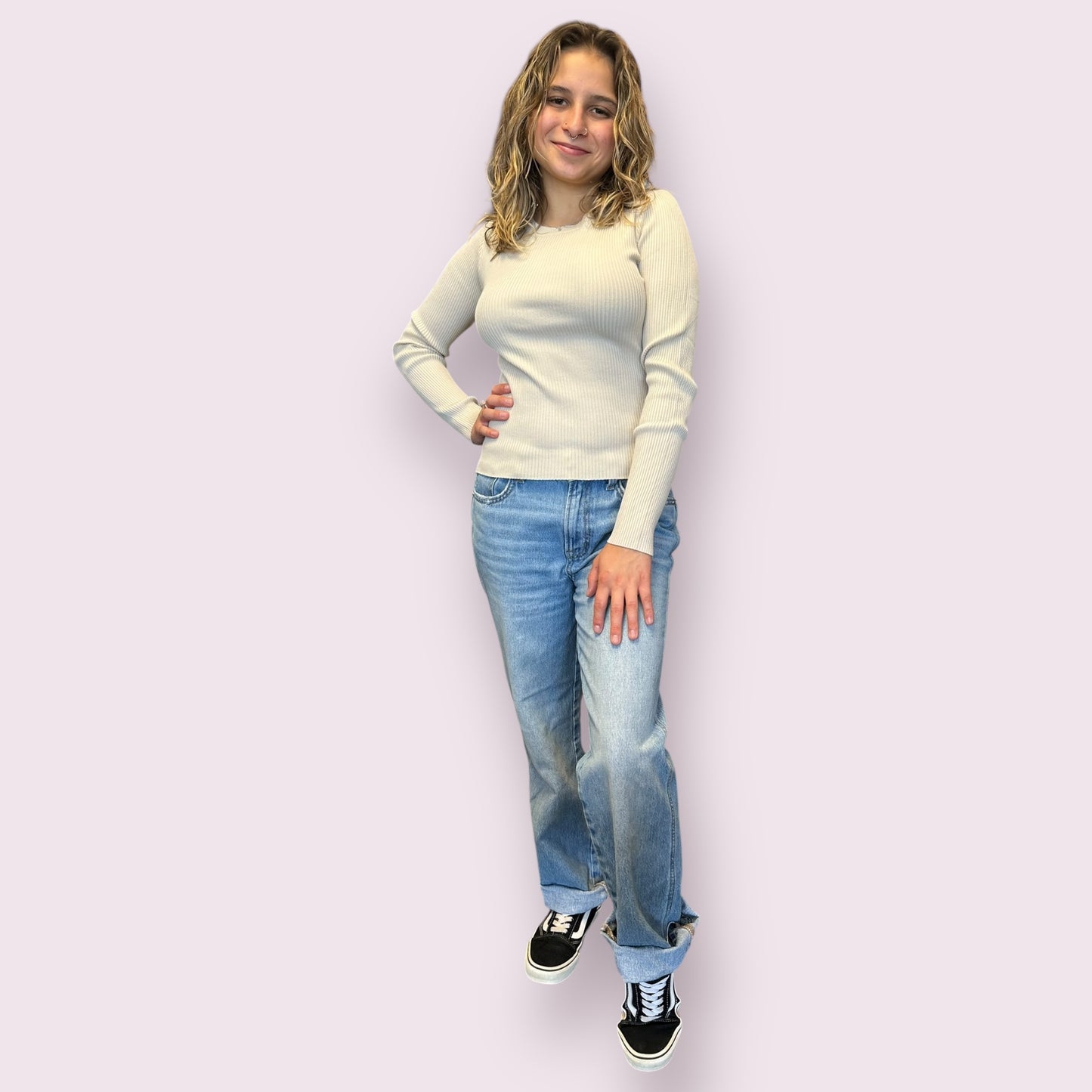 SOLID CREWNECK LONG SLEEVE SWEATER KNIT PULLOVER: NATURAL