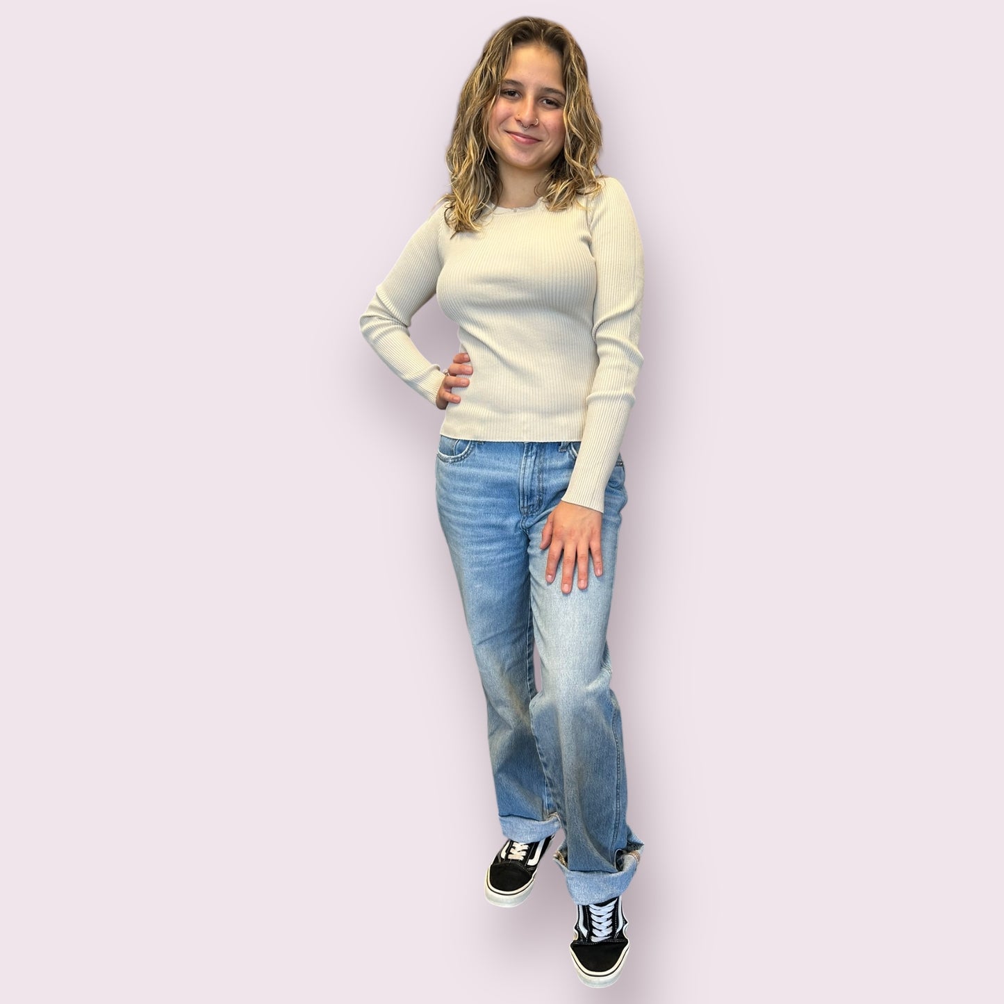 SOLID CREWNECK LONG SLEEVE SWEATER KNIT PULLOVER: NATURAL