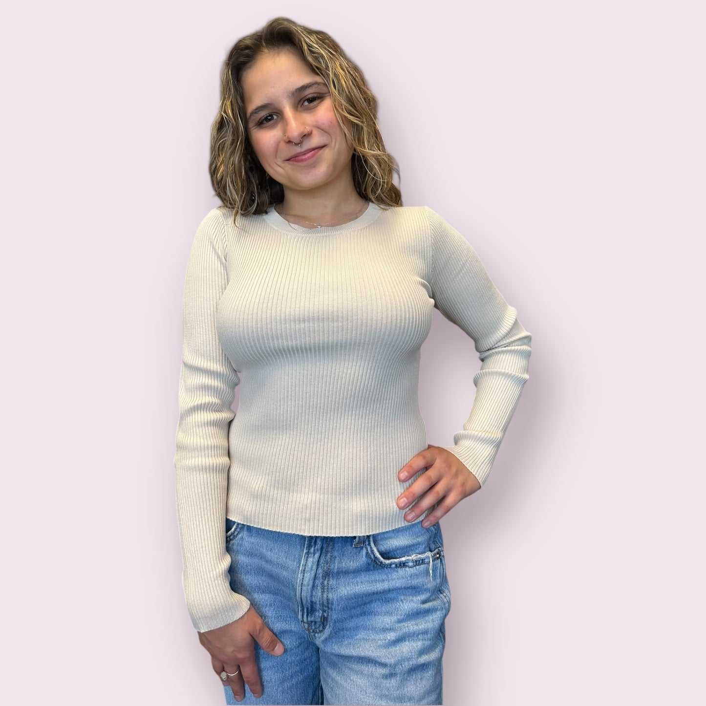 SOLID CREWNECK LONG SLEEVE SWEATER KNIT PULLOVER: NATURAL