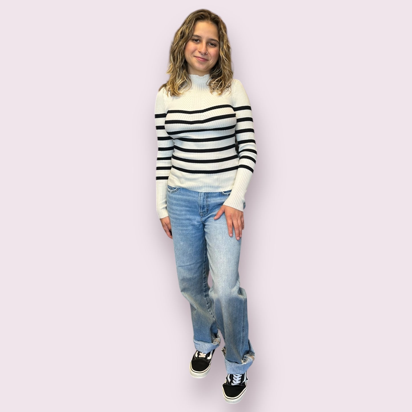 MOCK NECK STRIPE LONG SLEEVE SWEATER KNIT PULLOVER: IVORY
