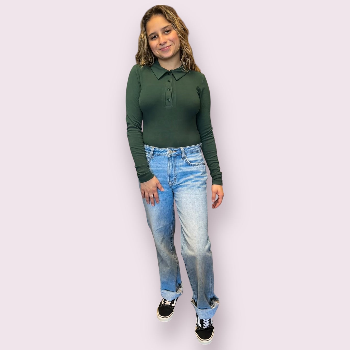 SOLID COLLARED LONG SLEEVE BODYSUIT: HUNTER GREEN