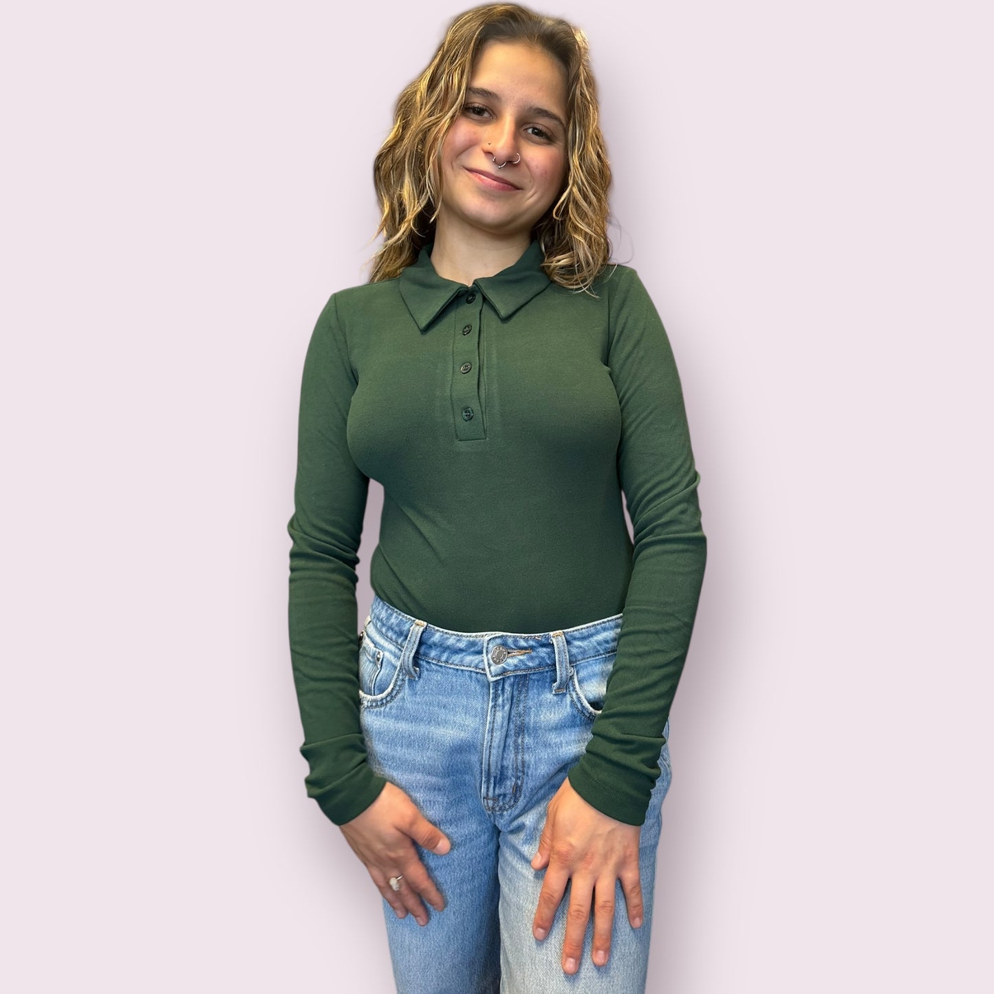 SOLID COLLARED LONG SLEEVE BODYSUIT: HUNTER GREEN