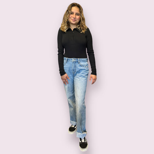 SOLID COLLARED LONG SLEEVE BODYSUIT: BLACK