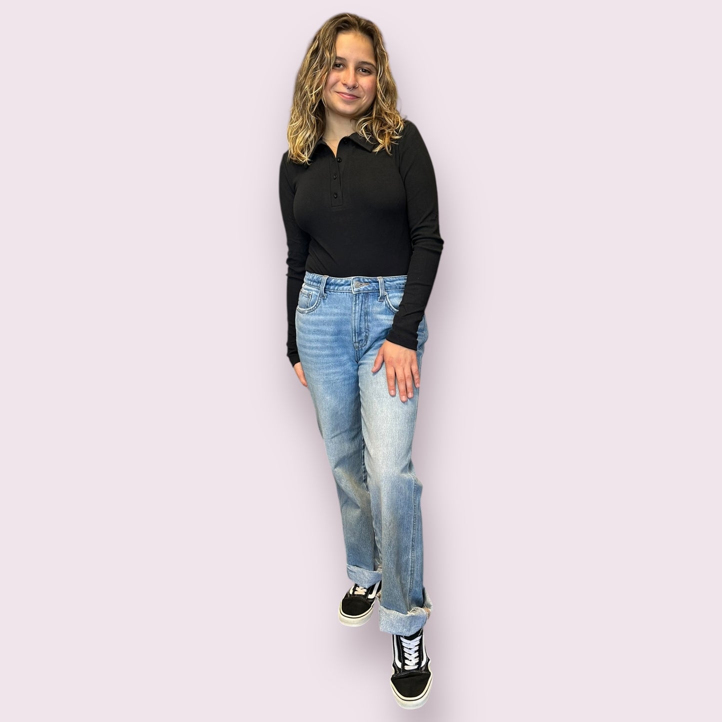 SOLID COLLARED LONG SLEEVE BODYSUIT: BLACK