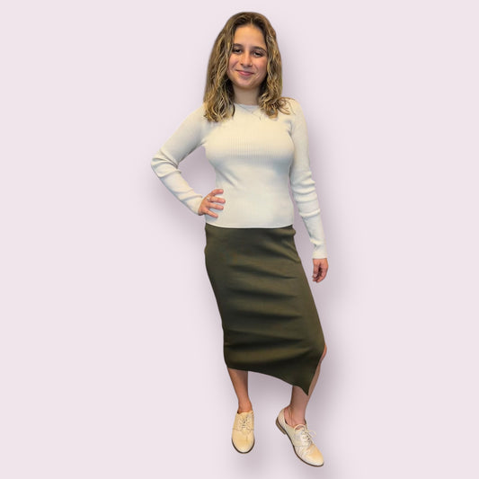 HIGH WAIST SIDE SLIT SWEATER KNIT MIDI SKIRT: OLIVE