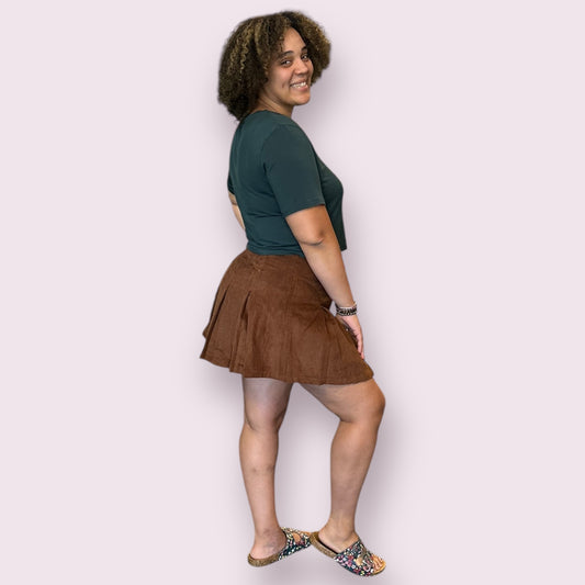 CORDUROY PLEATED MINI SKIRT: Brown