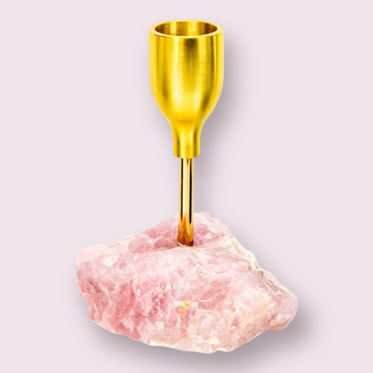 Brass Taper Candle Holder - Rough Rose Quartz