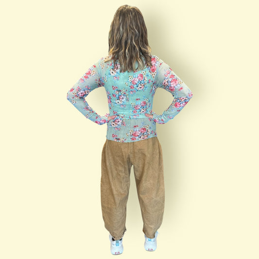 MOCK NECK LONG SLV FLORAL PRINT STRETCHY MESH TOP: LIGHT SAGE